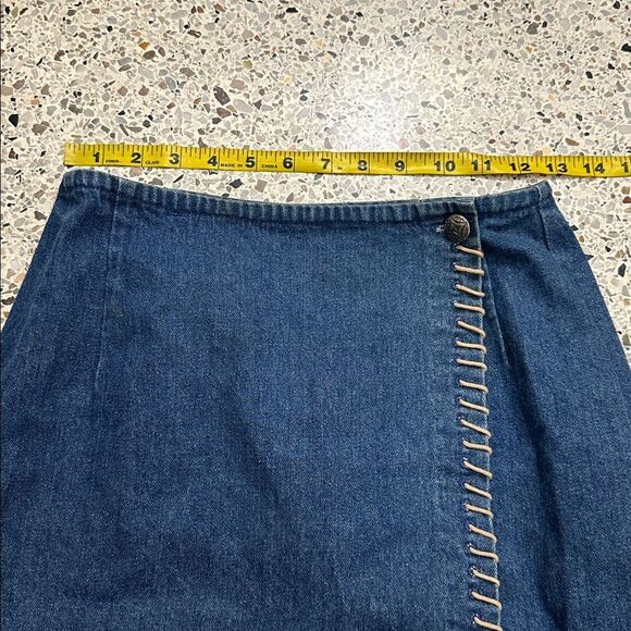 Cambridge Dry Goods Jean denim wrap western tan stitch mini skirt 6 - Picture 2 of 7